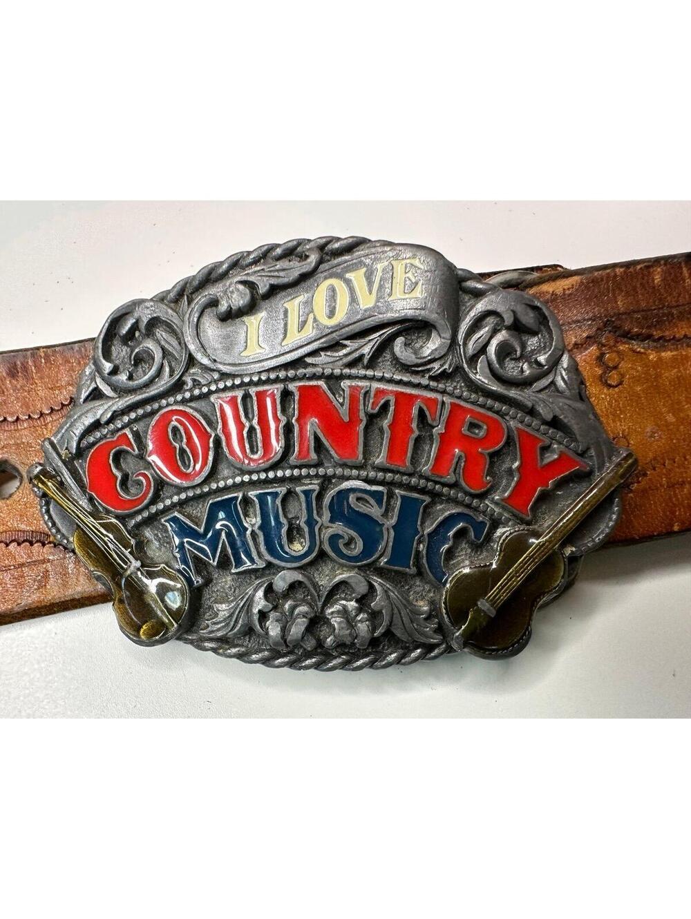 VTG Belt with Belt Buckle “I love country music” Made in USA 1988